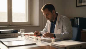 Ένας επιστήμονας ασχολείται με τα πειράματά του στο γραφείο, ανάμεσα σε δοκιμαστικούς σωλήνες και φιαλίδια.