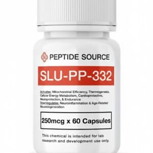 Close-up of SLU-PP-332 research capsules bottle label, showing research use only disclaimer and high purity certification