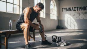 Ένας αθλητής χαλαρώνει και ανακτά τις δυνάμεις του σε έναν φωτεινό, γεμάτο ήλιο χώρο γυμναστηρίου.