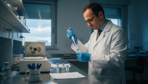 Ένας ερευνητής παρατηρεί προσεκτικά φιαλίδια πάνω στον πάγκο του εργαστηρίου, αναζητώντας στοιχεία για το πείραμά του.