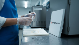 Ένας τεχνικός τοποθετεί το φιαλίδιο BPC-157 στη σωστή θέση στο εργαστήριο, εξασφαλίζοντας την ασφαλή αποθήκευσή του.