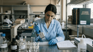 Εργαστηριακός τεχνικός που χειρίζεται δείγματα πεπτιδίων κατά τη διάρκεια της ανάλυσης.