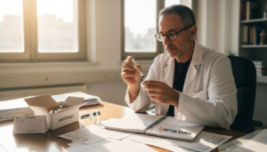 Ο γιατρός ετοιμάζει τη θεσαμορελίνη στο γραφείο του ιατρείου του, φροντίζοντας για κάθε λεπτομέρεια της προετοιμασίας.