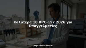 Μια ερευνήτρια μελετά δείγμα πεπτιδίου μέσα σε ένα γεμάτο και δραστήριο εργαστήριο.