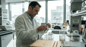 Βιοχημικός με δείγματα CJC-1295 DAC στο εργαστήριο του