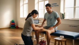 Ένας αθλητής υποβάλλεται σε θεραπεία για τον μηρό του σε κέντρο αποκατάστασης.