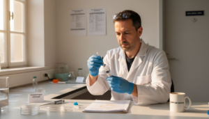 Ένας ερευνητής ετοιμάζει τρεζεπιτίδη στο εργαστήριό του, δουλεύοντας προσεκτικά πάνω στους πάγκους με τα εργαστηριακά υλικά.