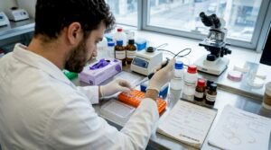 Τεχνικός στο εργαστήριο ετοιμάζει δείγματα BPC-157