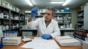 Ένας επιστήμονας μελετά προσεκτικά ένα φιαλίδιο με ρετατρουτίδη στο εργαστήριο, αναζητώντας νέες πληροφορίες για τη δράση της ουσίας.