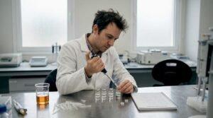 Ένας επιστήμονας εργάζεται στο εργαστήριο, χειριζόμενος δοκιμαστικούς σωλήνες και υλικά για τα πειράματά του.