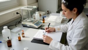 Ένας ερευνητής καταγράφει τα αποτελέσματα της μελέτης του σε δείγμα πεπτιδίου.