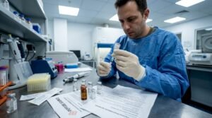 Εργαστηριακός τεχνικός ετοιμάζει φιαλίδιο CJC-1295 στον πάγκο εργασίας