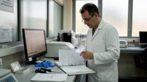 Ένας ερευνητής εξετάζει τις σημειώσεις του μέσα στο εργαστήριο βιοϊατρικής.