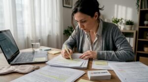 Ερευνητής οργανώνει τα πρωτόκολλα της μελέτης του από το γραφείο του στο σπίτι.