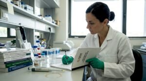 Επιστήμονας καταγράφει τα ευρήματα της έρευνάς του μέσα στο εργαστήριο.