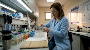 Ένας επιστήμονας πραγματοποιεί προσεκτικά μια χημική ανάλυση σε ένα πολυάσχολο εργαστήριο, όπου επικρατεί έντονη δραστηριότητα.