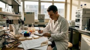 Ένας επιστήμονας καταγράφει παρατηρήσεις στο εργαστήριο όπου μελετά πεπτίδια.