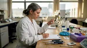 Ένας ερευνητής μελετά δείγμα σε φυσικό εργαστηριακό περιβάλλον.