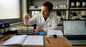 Επιστήμονας μελετά δείγματα πεπτιδίων στον χώρο του εργαστηρίου του.