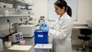 Ένας τεχνικός εργαστηρίου τοποθετεί ένα φιαλίδιο σε ψυχόμενο θάλαμο για ασφαλή αποθήκευση.