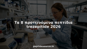 Ένας επιστήμονας εξετάζει προσεκτικά φιαλίδια με πεπτίδια μέσα σε ένα πολυσύχναστο εργαστήριο, όπου η επιστημονική δραστηριότητα βρίσκεται στο αποκορύφωμά της.