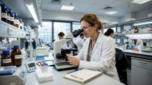 Σε εργαστήριο νοσοκομείου, ένας ιατρικός ερευνητής εξετάζει προσεκτικά δείγματα πεπτιδίων, με στόχο την εξαγωγή σημαντικών επιστημονικών συμπερασμάτων.