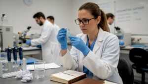 Επιστήμονας παρατηρεί προσεκτικά φιαλίδιο με πεπτίδιο στο εργαστήριο.