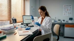 Ένας επιστήμονας μελετά δείγματα μέσα στο εργαστήριο, εξετάζοντας τα με προσοχή και χρησιμοποιώντας εξειδικευμένα όργανα για την ανάλυση τους.