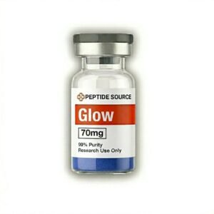 Close-up of Glow 70mg research peptide vial label, showing dual-blend composition and research use only disclaimer