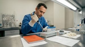 Εργαστηριακός τεχνικός χειρίζεται πιπέτα για τη διάλυση πεπτιδίων