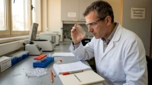Ένας επιστήμονας εργάζεται με πεπτίδια μέσα στο εργαστήριο, πραγματοποιώντας πειράματα και αναλύσεις.