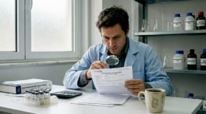 Επιστήμονας εξετάζει το πιστοποιητικό ανάλυσης με προσοχή
