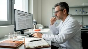 Ένας ερευνητής μελετάει σημειώσεις στο γραφείο του στο εργαστήριο.