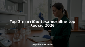 Επιστήμονας παρατηρεί προσεκτικά φιαλίδιο κατά τη διάρκεια ερευνών πάνω σε πεπτίδια στο εργαστήριο.