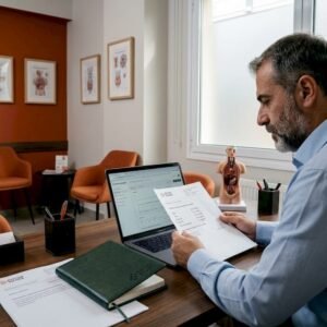 Ο γιατρός εξετάζει την πορεία της ορμονικής θεραπείας του ασθενούς, αξιολογώντας τα αποτελέσματα και προσαρμόζοντας τη θεραπεία όπου χρειάζεται.