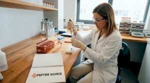Μια ερευνήτρια εργάζεται με πιπέτα στον πάγκο ενός εργαστηρίου που ασχολείται με πεπτίδια.
