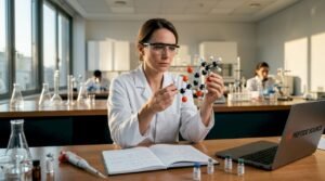 Βιοχημικός εξετάζει το μοριακό μοντέλο ενός πεπτιδίου